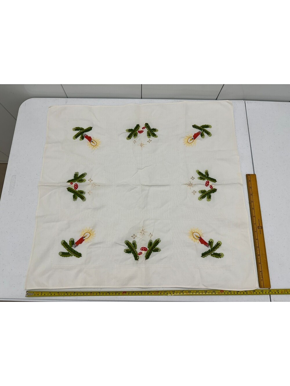 Vintage Card Table Tablecloth Embroidered Candle Mushrooms Stars Christmas